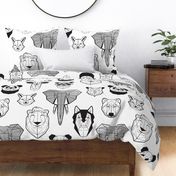 Jumbo large scale // Friendly Geometric Animals // white background black and white deers bears foxes wolves elephants raccoons lions owls and pandas