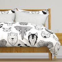 Jumbo large scale // Friendly Geometric Animals // white background black and white deers bears foxes wolves elephants raccoons lions owls and pandas