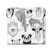 Jumbo large scale // Friendly Geometric Animals // white background black and white deers bears foxes wolves elephants raccoons lions owls and pandas