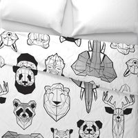 Jumbo large scale // Friendly Geometric Animals // white background black and white deers bears foxes wolves elephants raccoons lions owls and pandas