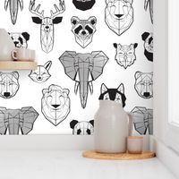 Jumbo large scale // Friendly Geometric Animals // white background black and white deers bears foxes wolves elephants raccoons lions owls and pandas