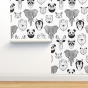 Jumbo large scale // Friendly Geometric Animals // white background black and white deers bears foxes wolves elephants raccoons lions owls and pandas