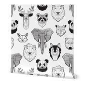 Jumbo large scale // Friendly Geometric Animals // white background black and white deers bears foxes wolves elephants raccoons lions owls and pandas