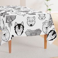 Jumbo large scale // Friendly Geometric Animals // white background black and white deers bears foxes wolves elephants raccoons lions owls and pandas