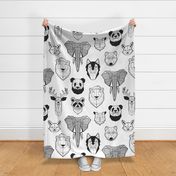 Jumbo large scale // Friendly Geometric Animals // white background black and white deers bears foxes wolves elephants raccoons lions owls and pandas