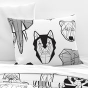 Jumbo large scale // Friendly Geometric Animals // white background black and white deers bears foxes wolves elephants raccoons lions owls and pandas