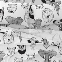 Jumbo large scale // Friendly Geometric Animals // white background black and white deers bears foxes wolves elephants raccoons lions owls and pandas