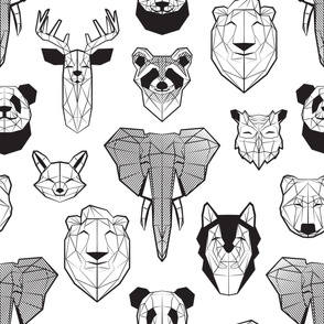 Jumbo large scale // Friendly Geometric Animals // white background black and white deers bears foxes wolves elephants raccoons lions owls and pandas