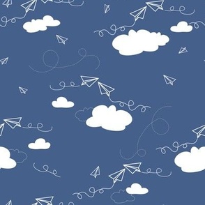 White Airplanes in the Clouds on Blue medium scale repeat
