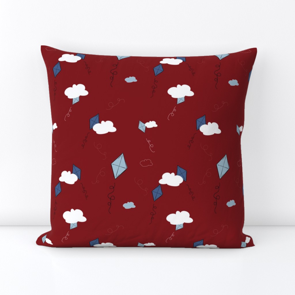 Blue Kites and clouds on Red medium scale repeat