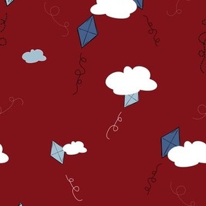 Blue Kites and clouds on Red medium scale repeat