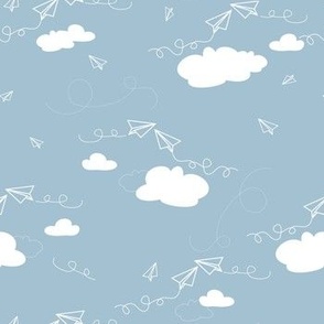 White Airplanes in the Clouds on Light Blue medium scale repeat