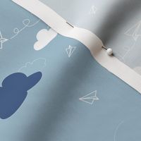 White Paper planes  blue clouds on Light Blue medium scale repeat