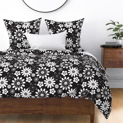 Retro 70s Black and White Geometric Floral Large Scale 