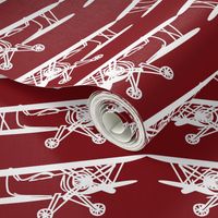 White Vintage Plane on Dark Red Medium Scale repeat