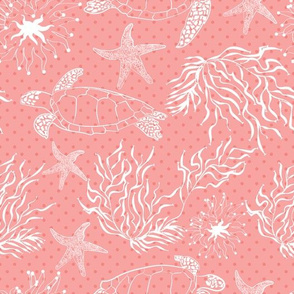Coral sea turtle leaves plants polka dot pattern