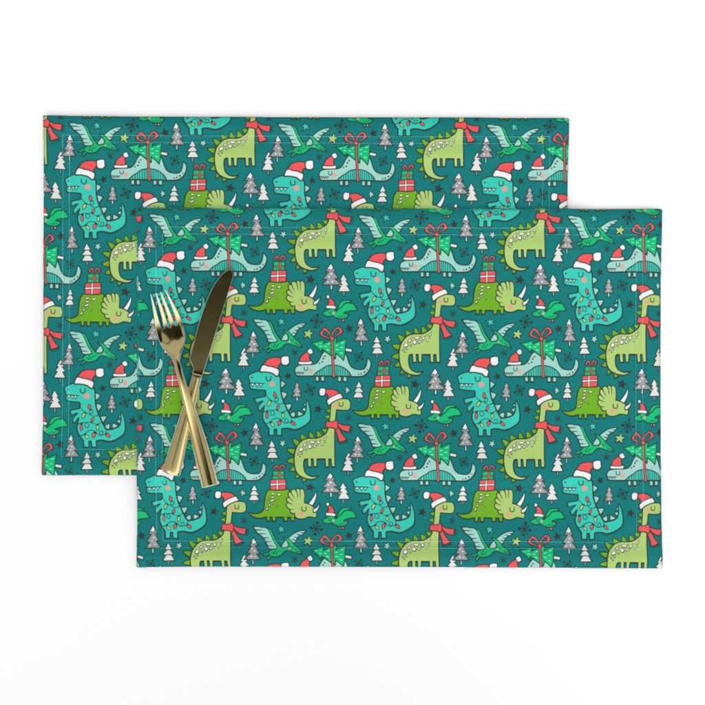 Christmas Holidays Dinosaurs & Trees on Teal Smaller