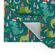 Christmas Holidays Dinosaurs & Trees on Teal Smaller