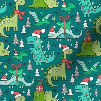 Christmas Holidays Dinosaurs & Trees on Teal Smaller