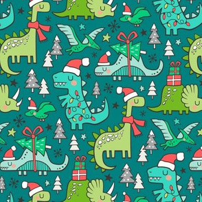 Christmas Holidays Dinosaurs & Trees on Teal Smaller