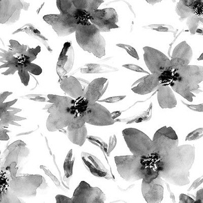 Watercolor florals in shades of grey || black and white flowers for home decor