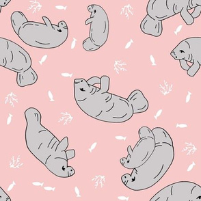 manatee fabric (tossed) // manatees dugong animals design andrea lauren fabric - pink