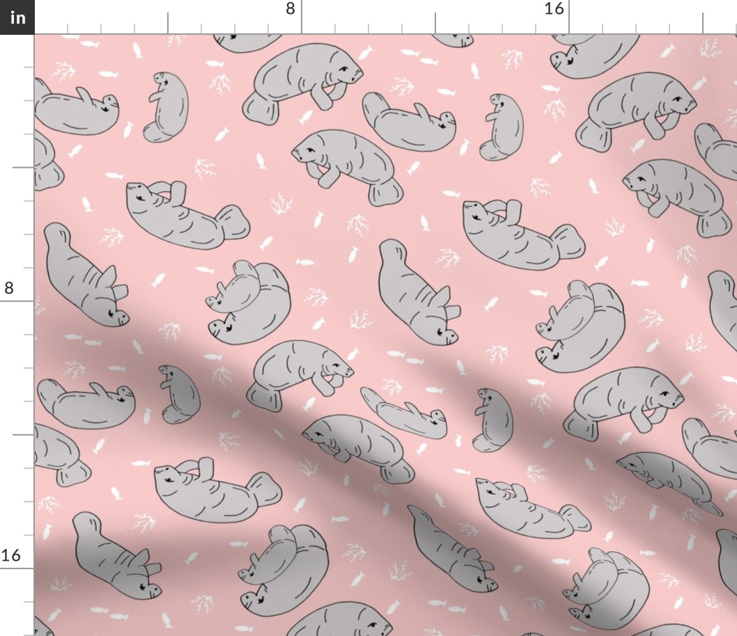 manatee fabric (tossed) // manatees dugong animals design andrea lauren fabric - pink