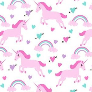 cute unicorn valentines day pattern fabric - valentines day fabric, valentines fabric, unicorn fabric, unicorn valentines, pink and red valentines day unicorn and rainbows - white and pastel