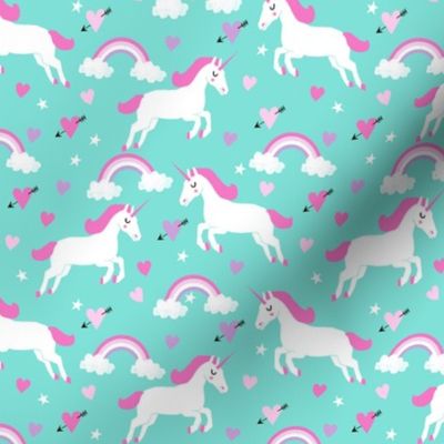 cute unicorn valentines day pattern fabric - valentines day fabric, valentines fabric, unicorn fabric, unicorn valentines, pink and red valentines day unicorn and rainbows -  candy mint and pink