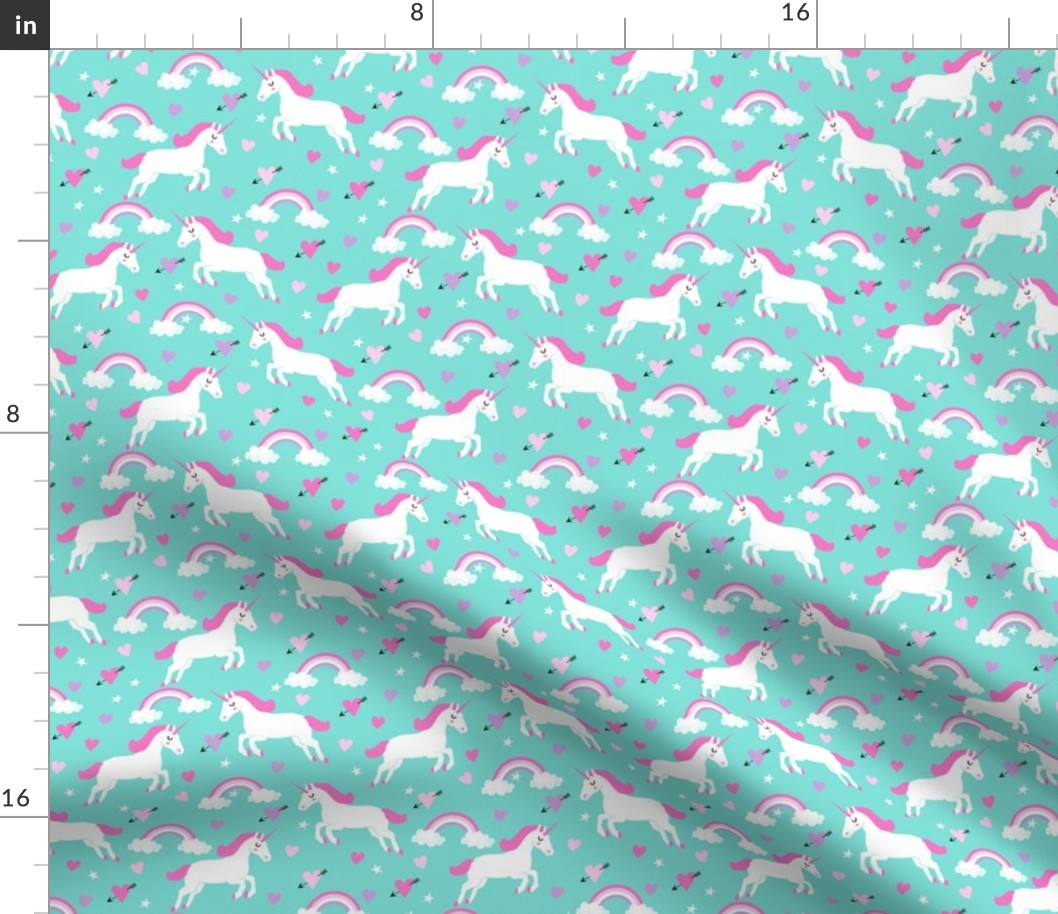 cute unicorn valentines day pattern fabric - valentines day fabric, valentines fabric, unicorn fabric, unicorn valentines, pink and red valentines day unicorn and rainbows -  candy mint and pink