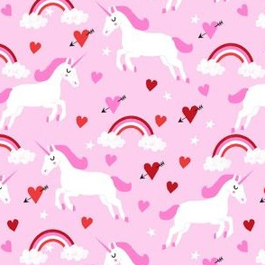 cute unicorn valentines day pattern fabric - valentines day fabric, valentines fabric, unicorn fabric, unicorn valentines, pink and red valentines day unicorn and rainbows - pastel pink and red