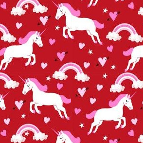 cute unicorn valentines day pattern fabric - valentines day fabric, valentines fabric, unicorn fabric, unicorn valentines, pink and red valentines day unicorn and rainbows -  cherry red