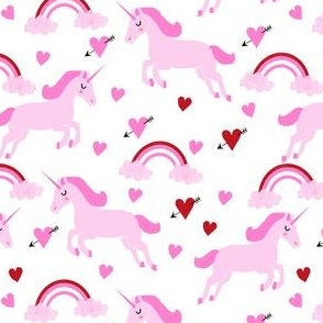 cute unicorn valentines day pattern fabric - valentines day fabric, valentines fabric, unicorn fabric, unicorn valentines, pink and red valentines day unicorn and rainbows -  white and pink