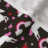 cute unicorn valentines day pattern fabric - valentines day fabric, valentines fabric, unicorn fabric, unicorn valentines, pink and red valentines day unicorn and rainbows -  black