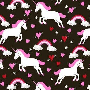 cute unicorn valentines day pattern fabric - valentines day fabric, valentines fabric, unicorn fabric, unicorn valentines, pink and red valentines day unicorn and rainbows -  black