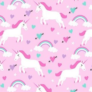 cute unicorn valentines day pattern fabric - valentines day fabric, valentines fabric, unicorn fabric, unicorn valentines, pink and red valentines day unicorn and rainbows - pink pastel
