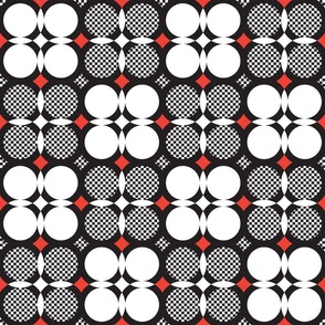 Mid-century modern check circle flowers black white red