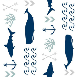 LARGE - ocean animals - nautical shark, whale, anchor, wave, navy, grey, blue boys baby nursery design