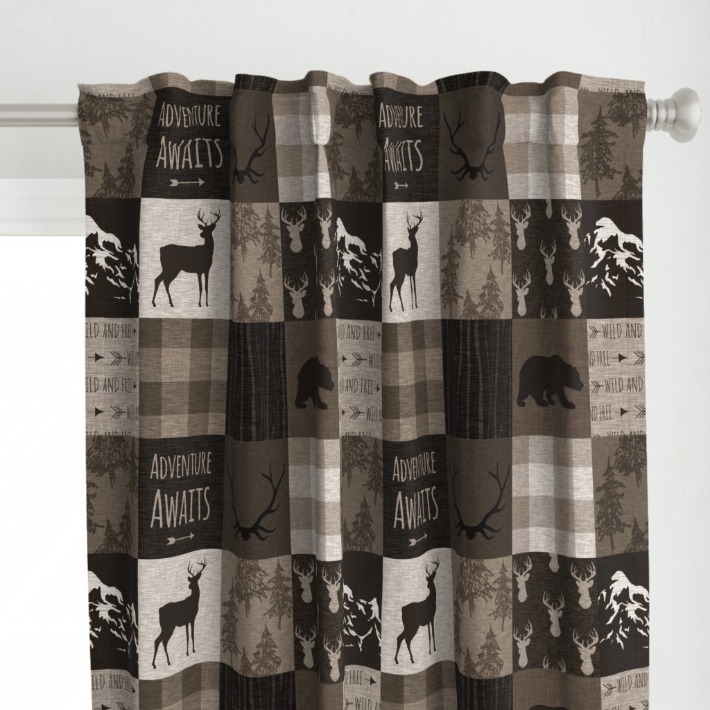 Adventure Awaits Quilt - Brown And Beige - mountains and woodland animals