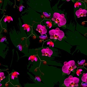 Dark Bold Florals, Moody Orchid Flowers, Antiqued Home Decor, Dark Botanic Vintage Flowers, Vibrant Pink Orchid 