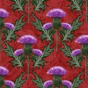 Purple Thistles Vibrant Red Floral Linen Maximalism Vintage | Royal Red Bold Floral William Morris Thistles Scottish Floral Background | Hand Drawn Floral Scottish Decor Purple Flowers
