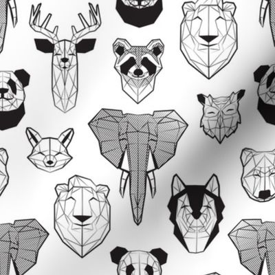 Small scale // Friendly Geometric Animals // white background black and white deers bears foxes wolves elephants raccoons lions owls and pandas