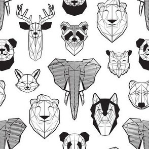 Small scale // Friendly Geometric Animals // white background black and white deers bears foxes wolves elephants raccoons lions owls and pandas