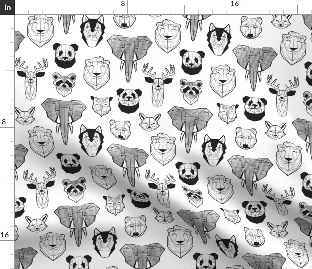 Small scale // Friendly Geometric Animals // white background black and white deers bears foxes wolves elephants raccoons lions owls and pandas