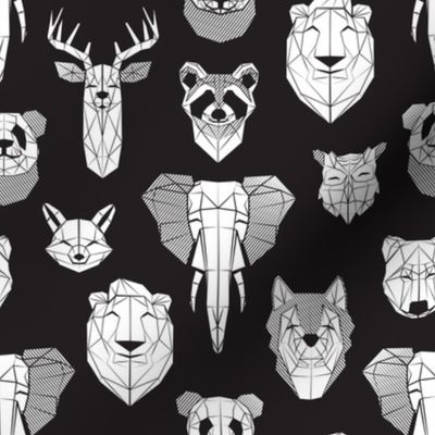 Small scale // Friendly Geometric Animals // black background white deers bears foxes wolves elephants raccoons lions owls and pandas