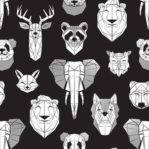 Small scale // Friendly Geometric Animals // black background white deers bears foxes wolves elephants raccoons lions owls and pandas