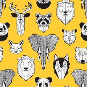 Small scale // Friendly Geometric Animals // sunglow yellow background black and white deers bears foxes wolves elephants raccoons lions owls and pandas