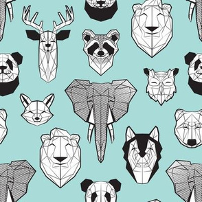 Small scale // Friendly Geometric Animals // aqua background black and white deers bears foxes wolves elephants raccoons lions owls and pandas