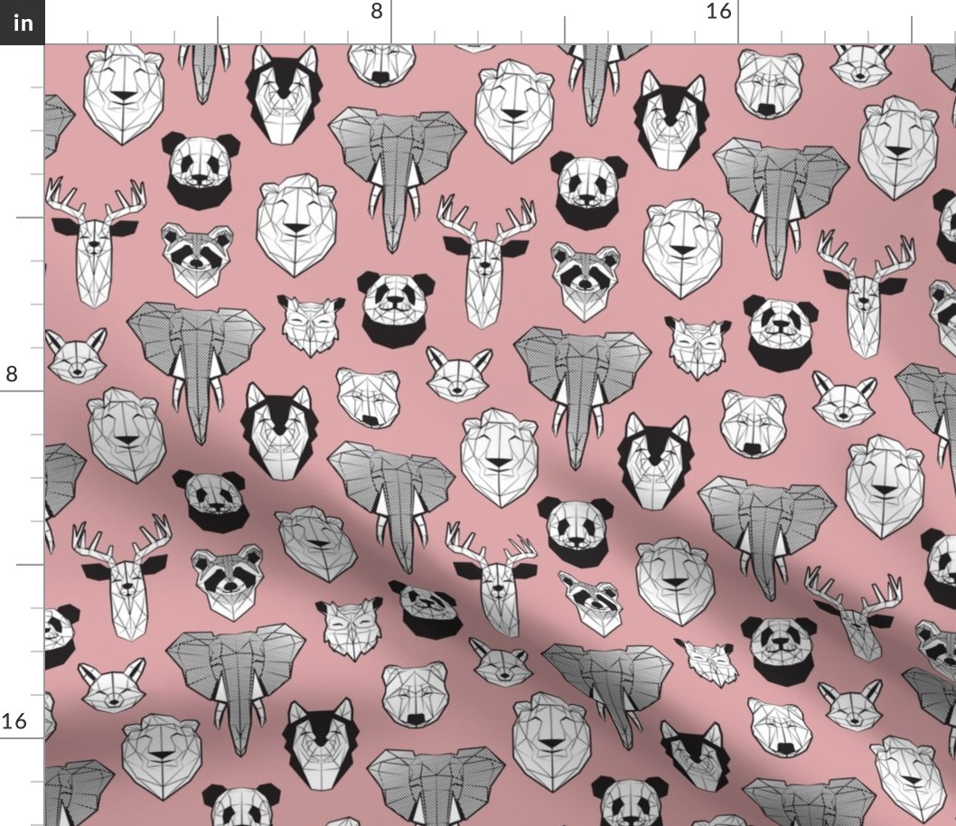 Small scale // Friendly Geometric Animals // blush pink background black and white deers bears foxes wolves elephants raccoons lions owls and pandas