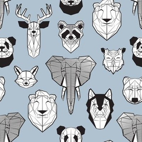 Small scale // Friendly Geometric Animals // pale blue background black and white deers bears foxes wolves elephants raccoons lions owls and pandas